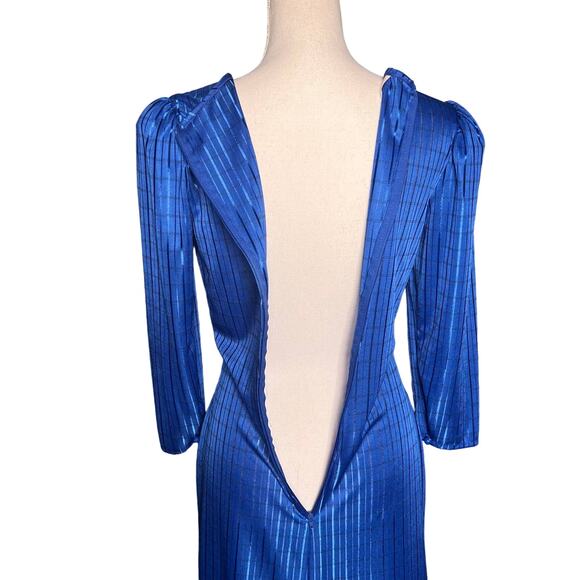 Vintage 80s Kings Row Blue Shirred Satin Stripe Dress Back Zip Shoulder Pads - Picture 7 of 10